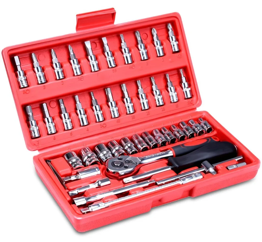 46Pcs Automotive Tool Kit 1/4" Socket Wrench Set Metric Drive Hex Bit Ratchet Wrench Adapter