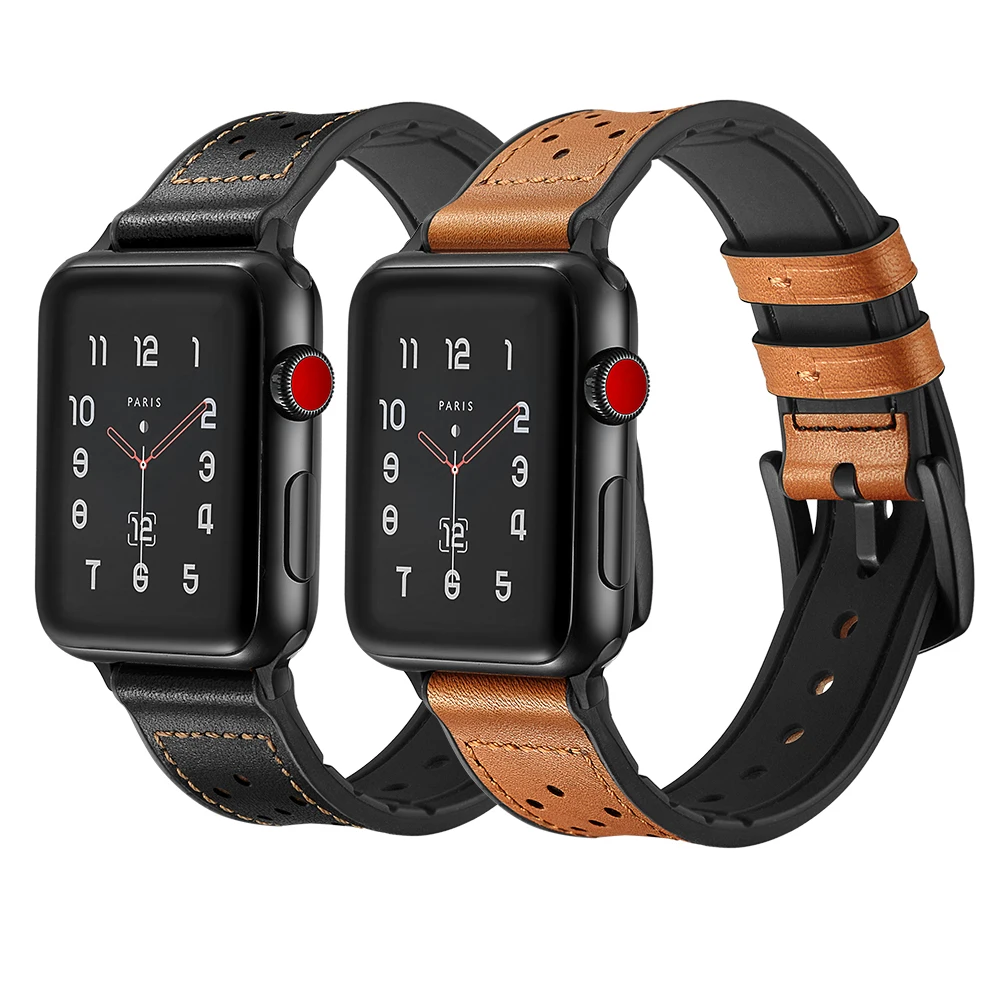 

Watchband for Apple Watch Band Genuine Leather and Silicone for watch series4 1 2 3 Strap Breathable Wristband 38 40 44 42mm