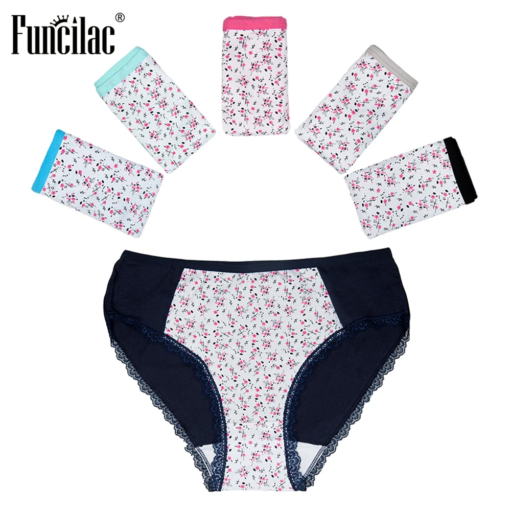 

FUNCILAC Plus Size Underwear Women Cotton Floral Print Briefs Sexy Lace Panties Mid-Rise High Quality Lingerie 2XL-4XL 5pcs/lot