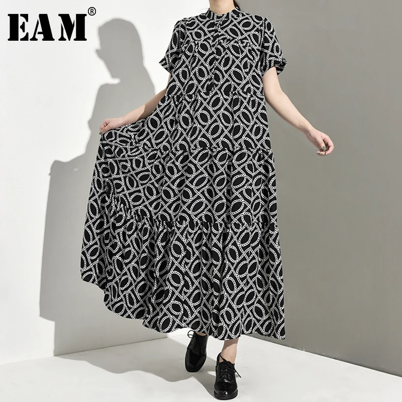 

[EAM] 2019 New Spring Summer Round Neck Short Sleeve Pattern Printed Loose Long Big Size Temperament Dress Women Fashion JY267