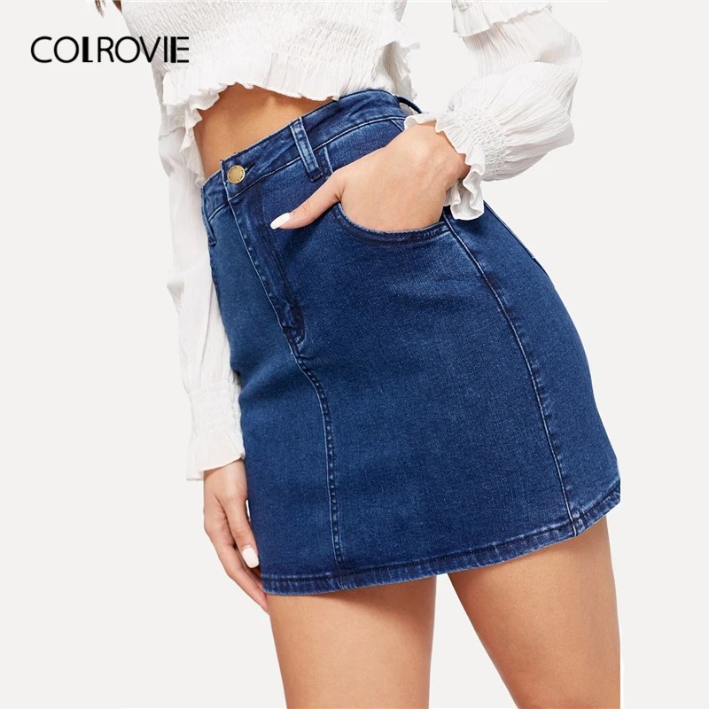 

COLROVIE Blue Solid Slant Pocket Bodycon Elegant Denim Skirt Women 2019 Summer Streetwear Pencil Skirt Zipper Front Mini Skirts