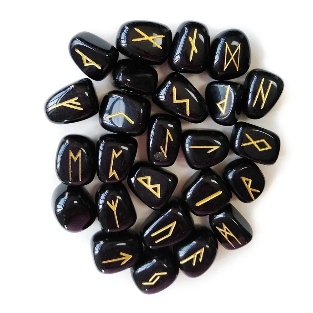 Günstige 25 stücke Natürliche Fiel Schwarz Obsidian Quarz Rune Steine Set Gravierte Schriftzug Wiccan Pagan Amulette Nordic Rune und Kostenlose Beutel