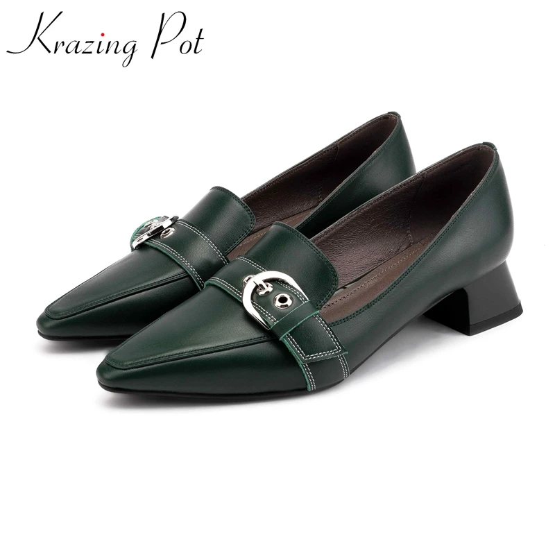 

Krazing pot genuine leather pointed toe low heel European design elegant lady metal buckle vintage Autumn preppy style pumps l78