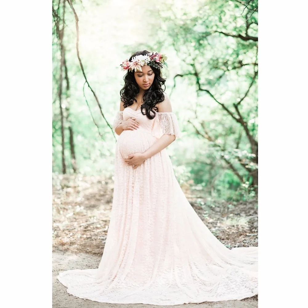 Puseky Материнство Фотография реквизит для беременных платье кружева халат оборки, открытые плечи необычное платье макси для беременных женщин длинное платье