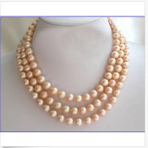 

Free Shipping >>>>>triple strands7-8mm south sea gold pink pearl necklace 18"19"20" 14k