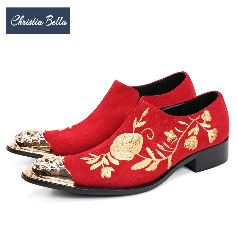 

Christia Bella Designer Floral Embroidery Men Dress Shoes for Wedding Prom Red Suede Leather Formal Men Business Shoes Big Size