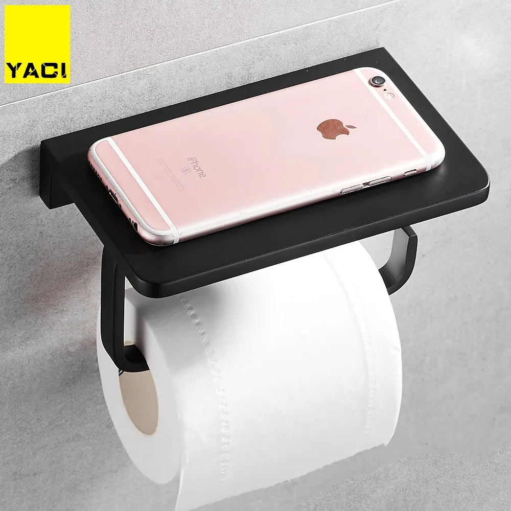 

YACI Aluminum Bathroom Paper Phone Holder with Shelf Bathroom Mobile Phones Towel Rack Toilet Paper Holder Black Tissue Boxes
