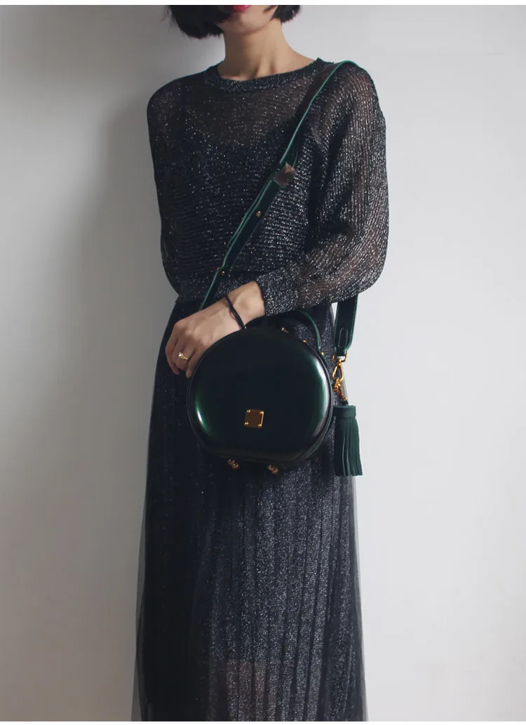 BENVICHED Женская круглая сумка из натуральной кожи Новая модная зеленая сумка на одно плечо лакированная кожа Яркая сумка c376