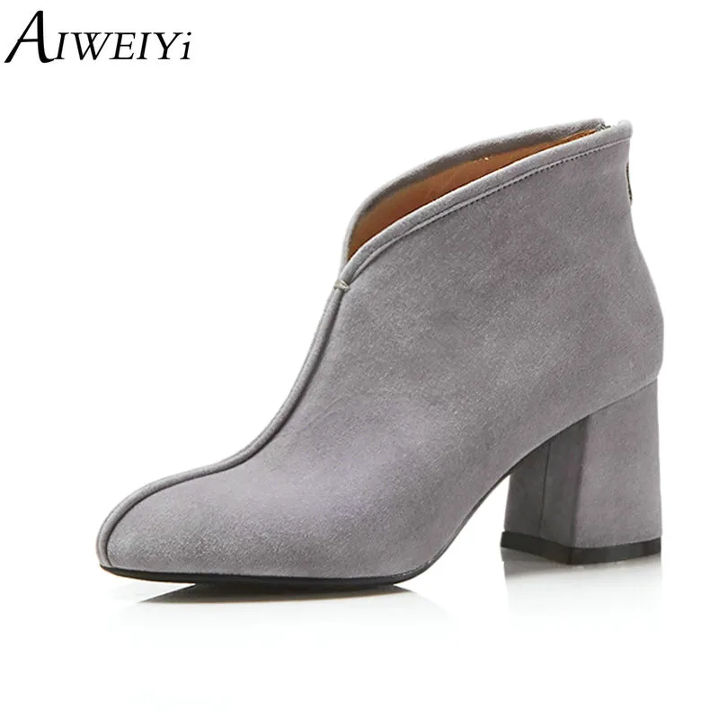 

AIWEIYi Women's Fashion Ankle Boots Suede Leather Round toe Zip Platform Shoes Black Brown Autumn Winter Short Boots Short Botas
