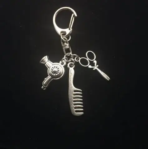 

Hot Vintage Silver Charm Blow Dryer Comb&Scissors Keychain For Keys Car Key Ring Souvenir Couple Handbag Key Chain DIY Z492