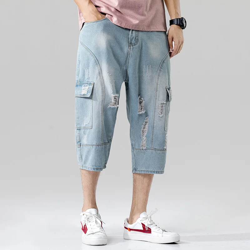 

Summer New Jeans Men Fashion Casual Multi-pocket Hole Denim Trousers Man Streetwear Loose Hip-hop Harem Pants Homme Male Clothes