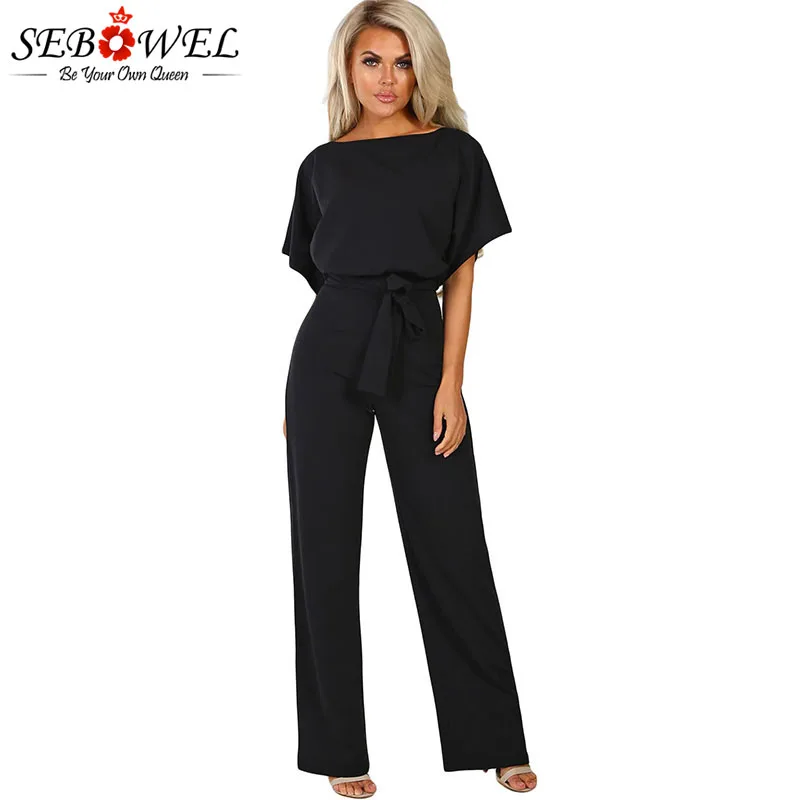 

SEBOWEL Woman Short Bat Sleeve Wide Leg Jumpsuits with Belted Summer 2019 Office Lady Casual Long Blue/Black Rompers Jumpsuit