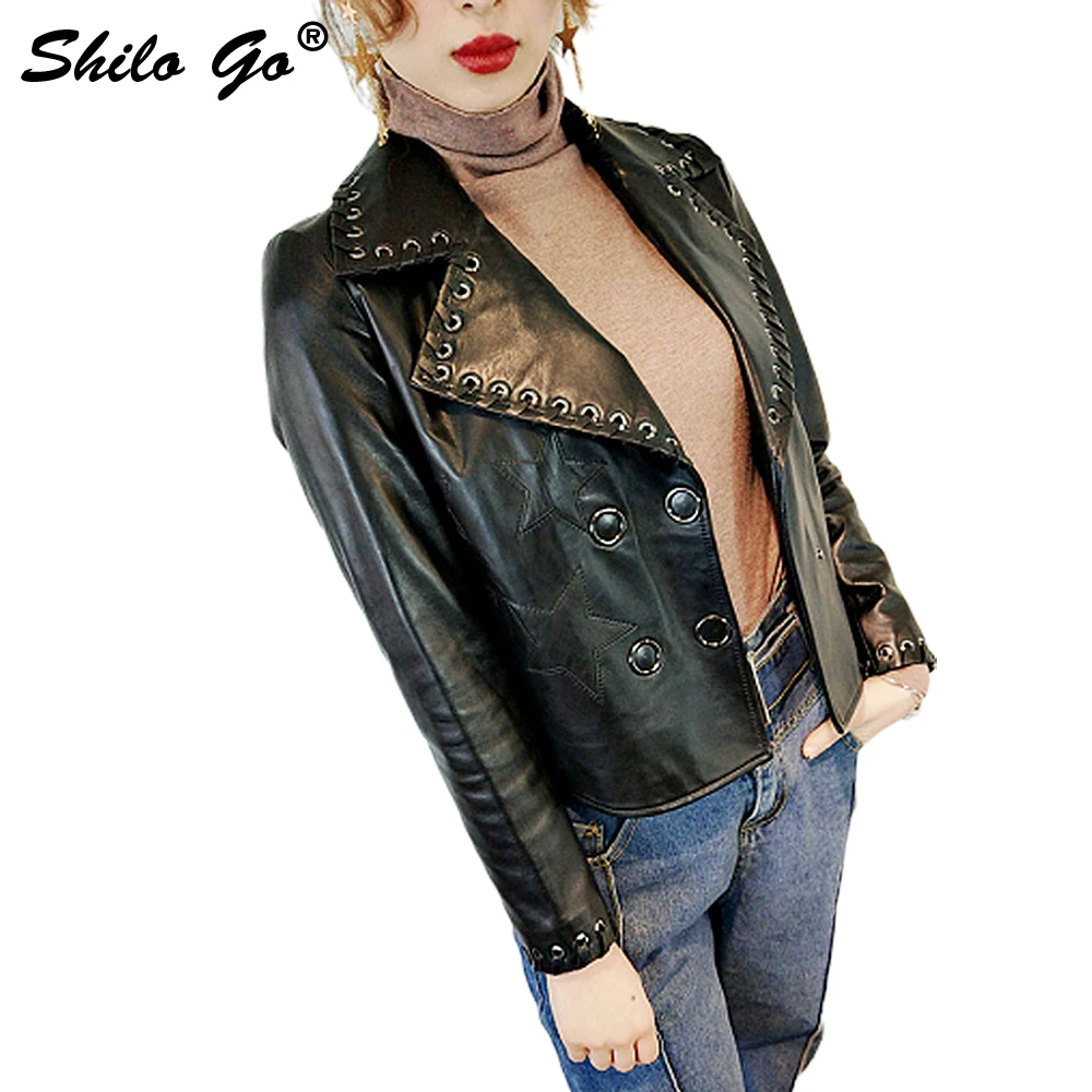 SHILO GO Leather Jacket Womens Spring Fashion sheepskin genuine leather coat rivet adjustable lapel collar double breasted jacke
