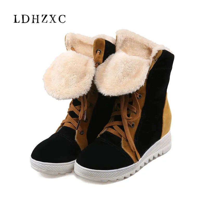 

LDHZXC Cow Suede Fashion Women Ankle Boots Platform Wedges Heel Winter Shoes Round Toe Woman Motorcycle Boots Big Size 34-43
