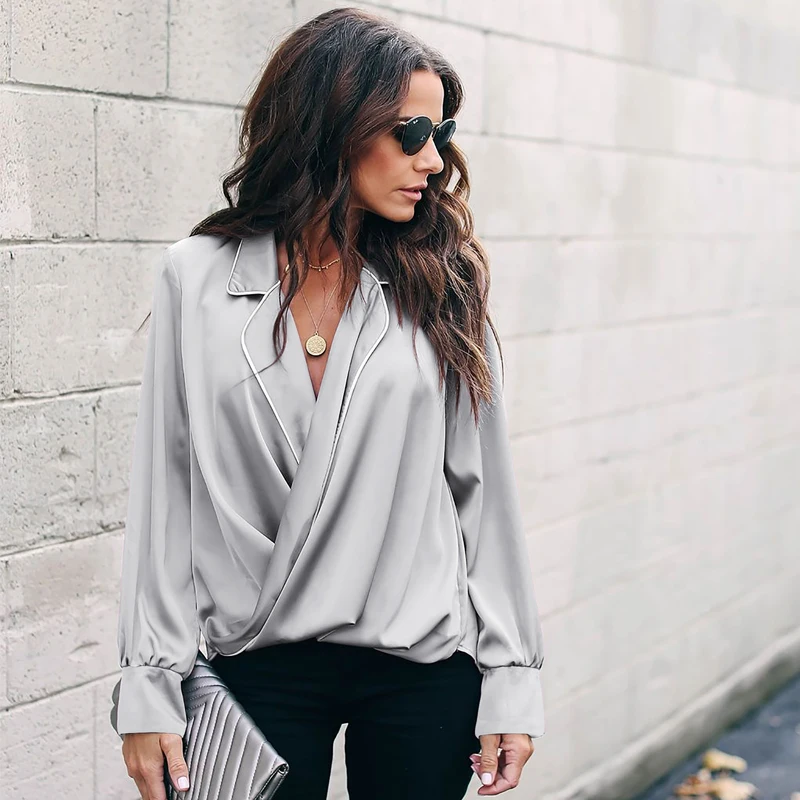 Women Blouse Autumn Long Sleeve Sexy Cross V Neck Pajamas Blouses Solid Pullover Shirts Office Lady Formal Solid Tops Blouse