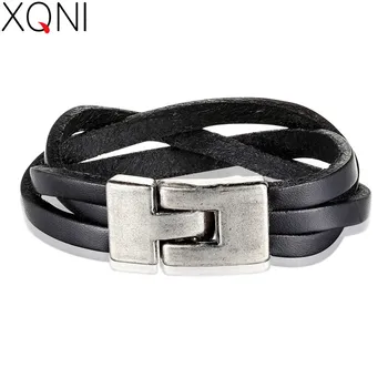 

XQNI Leather Bracelet New Design Interlocking 18-20CM with Toggle-Clasp Stainless Steel Black and Brown Color Sporty Jewelry
