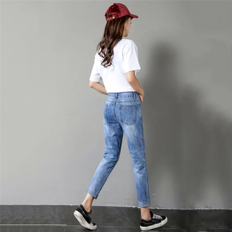 Mom Jeans Light Blue Cargo Pants 2019 New Spring Summer Korean Loose Ankle-length Jeans High Waist Straight Women Jeans JD22