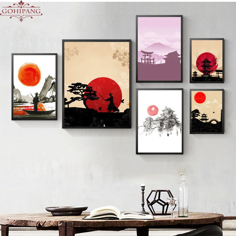 

Gohipang Japanese Landscape Ink Canvas Art Print Poster Wall Paintings For Living Room Decoration Home Decor HD Pictures Framed