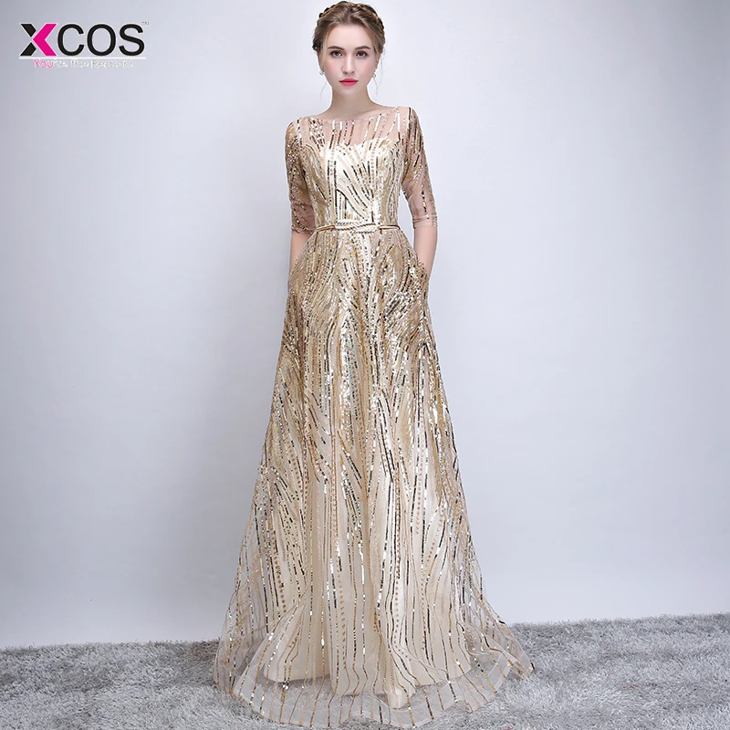 Vestido de festa шикарные вечерние платья с золотыми блестками рукавом до локтя