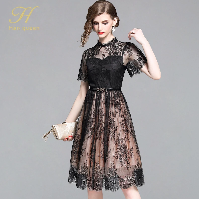 

H Han Queen A-line Vestidos Women Casual Mesh Patchwork Lace Dress New Fashion Hollow Out Elegant Ladies Evening Party Dresses