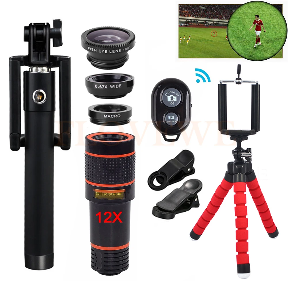 

New 12X Telescopic lens Kit Telephoto Zoom Lens For iPhone 5 6 s 7 8 Plus Smartphone Fish eye Wide Angle Macro Lentes Telescope