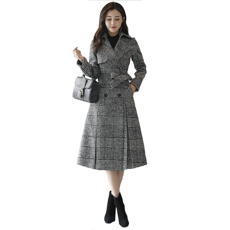

Tartan wool coat female long section Korean 2019 new autumn and winter models Slim waist check woolen coat Women's clothing