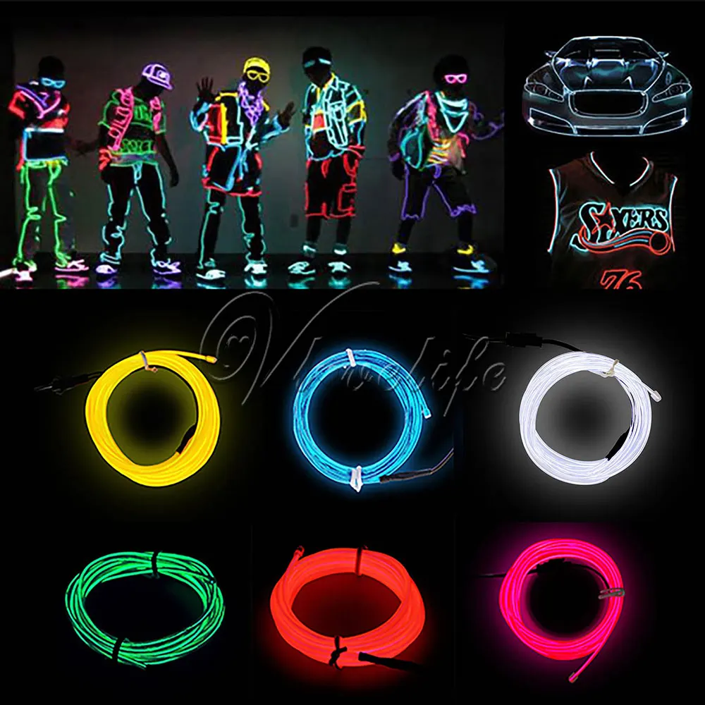 2m el wire rope flexible neon led light glow battery power led light accessories