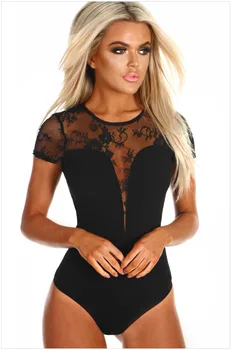 

Sexy Lingerie Slim Short Sleeve O Neck Lace Mesh Onesies Three-point Women Night Underwear Babydoll