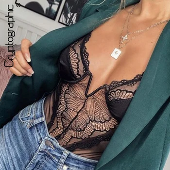 Cryptographic deep V fashion lace sexy bodysuit women patchwork mesh transparent female jumpsuit slim body mujer hot catsuit 1