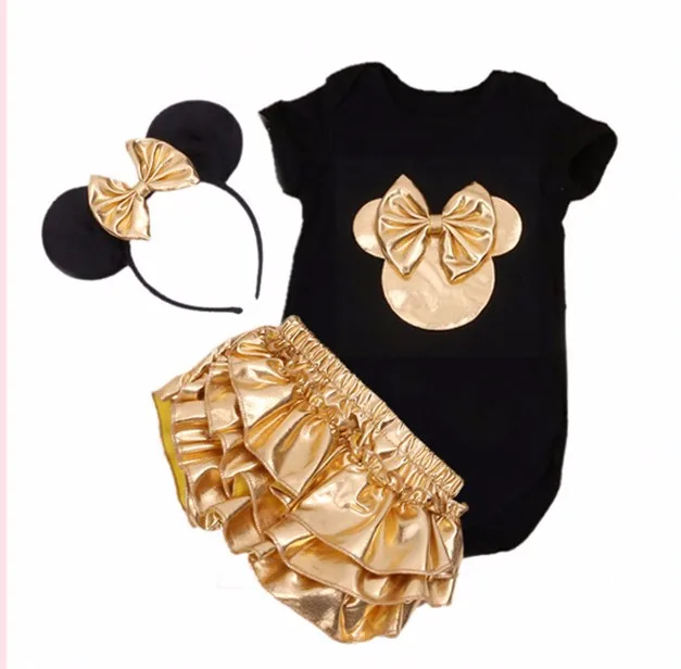 

2016 New Summer Baby Girl Clothing Cotton romper Short Sleeve Golden Ruffle Bloomers Shorts minnie Headband Newborn Infant Sets