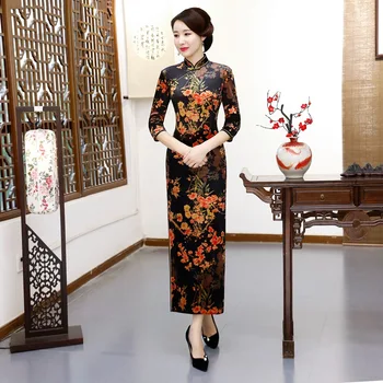 

Black Sexy Women Three Quarter Sleeve Cheongsam Traditional Chinese Dress Print Floral Elegant Velvet Qipao Long Slim Vestidos