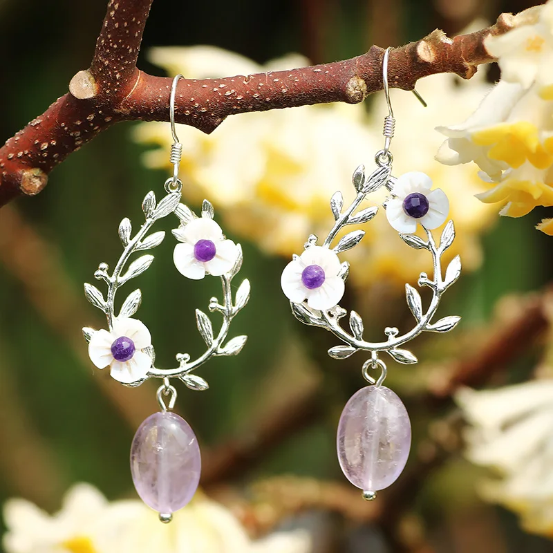 

FARLENA Jewelry Handmade Pink Stone Crystal Drop Earring for Women Elegant Natural Shell Plum flower FreshWater Pearl Earrings