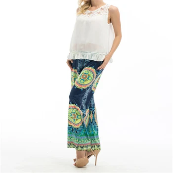 

New Blue Ladies Women's Fashion Floral Print Wide Leg Long Stretch Pants Women Beach Clothing Loose Elastic Waist Trousers