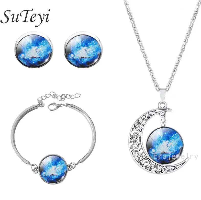 SUTEYI Star Галактическая Туманность цепочки и ожерелья комплект талисманы книги по искусству изображение кристалл серьги-гвоздики с подвеской s браслет наборы для - Окраска металла: SM43