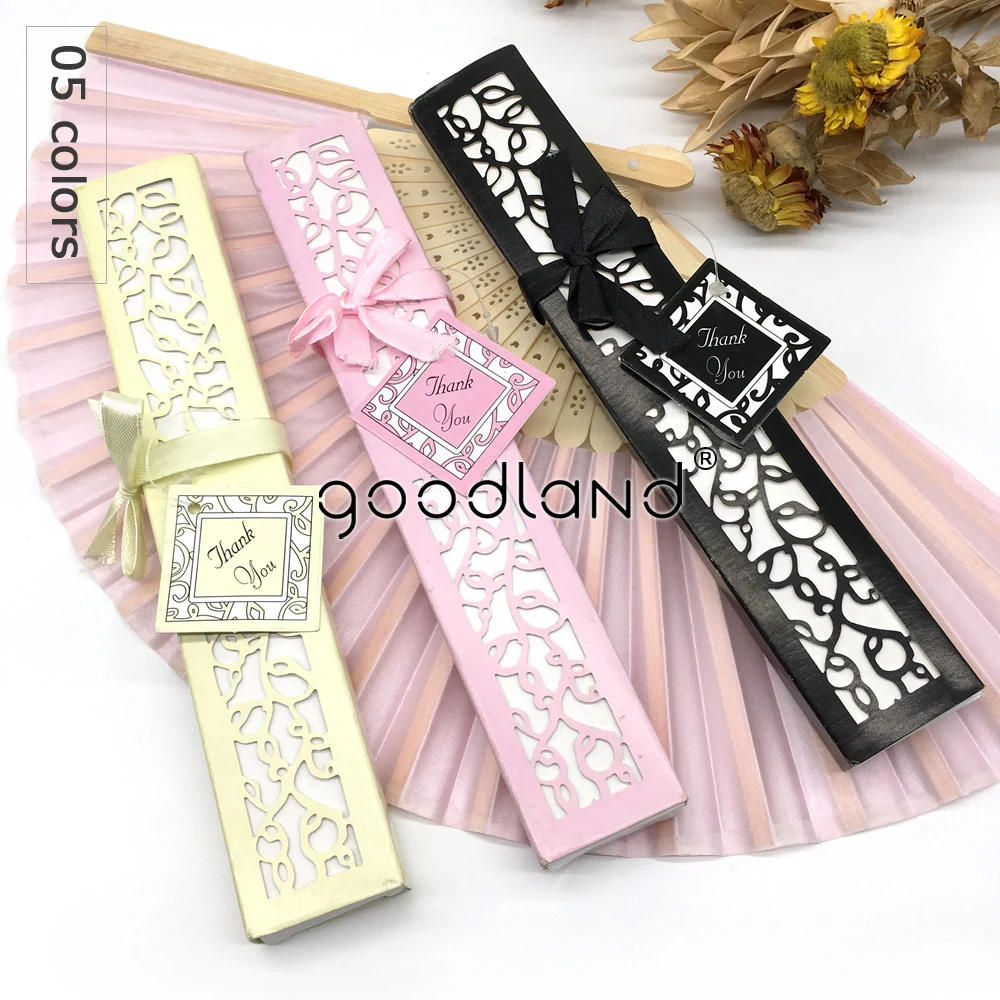 

Free Shipping 5pcs with Laser-Cut Paper Gift Box Spun Silky Bamboo Folding Hand Fan Wedding Bridal Party Fan Happy Gifts