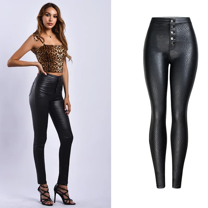 LOGAMI/кожаные брюки со змеиным принтом; женские брюки из искусственной кожи; женские пикантные брюки-карандаш; черные модные новые - Цвет: Черный