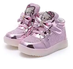Продвижение Hello Kitty Обувь для девочек LED Обувь Демисезонный Обувь для девочек принцессы Милая обувь с легкими детей освещенные Спортивная
