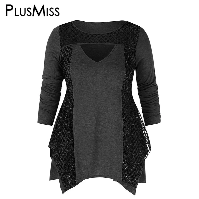 

PlusMiss Plus Size Mesh Asymmetrical Cut Out T Shirts Women 5XL XXXXL XXXL XXL Autumn 2018 Long Sleeve Tunic Tops Tee Big Size