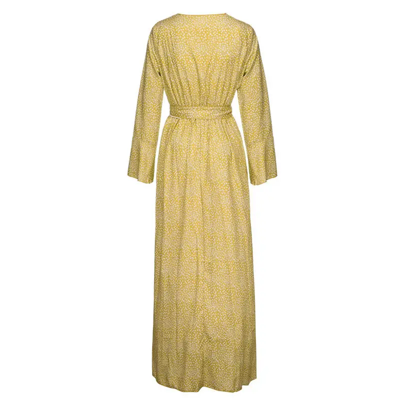 Fashion Women V-Neck Long Dress 2019 Flare Sleeve Elegant Bohemia Floral Print Bow Bandage Maxi Dress Vestidos Plus Size 3Y22 (40)