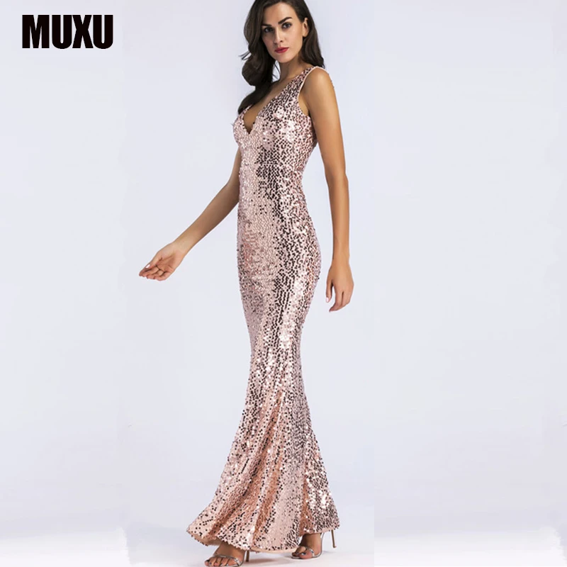 

sexy long sequin dress fashion vestidos mujer womens clothing gold glitter woman backless club jurk vestido longo party elbise