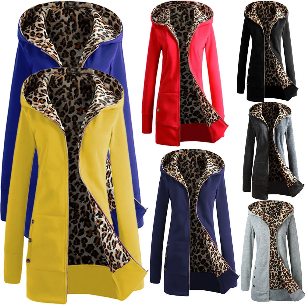 XUANSHOW женщины зима рыхлый Куртка с капюшоном Сгущать бархат Длинный рукав Фуфайка толстовки леопард пуловер Женщины пальто