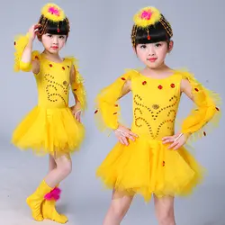 Желтая детская производительность бальные платье для танцев для девочек танцевальная одежда Юбки Латинской этап танцевальный костюм