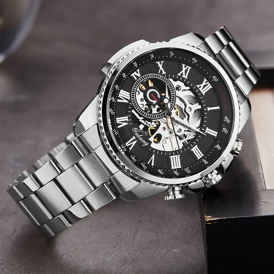 Роскошные Топ серебряные автоматические механические мужские часы Скелет стальной браслет самовзводные наручные часы мужские синие Серебристые черные часы Reloj