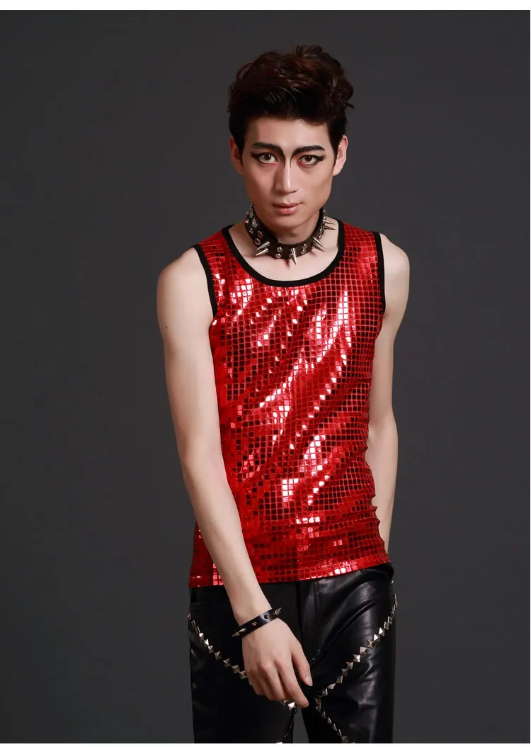 

Men's Red Paillette Slim Vest Nightbar singer fashion stage performance costumes