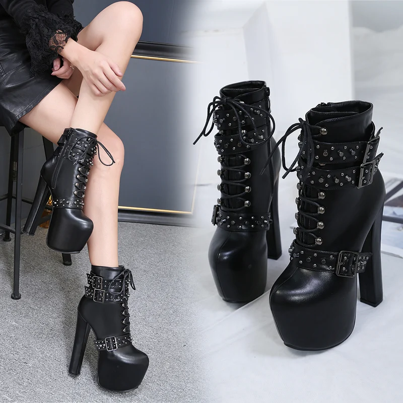 

2019 Spring Elegant Fashion Woman 16cm Thick High Heels Ankle Boots Female Block Rivets Platform Lady Fetish Chunky Black Shoes