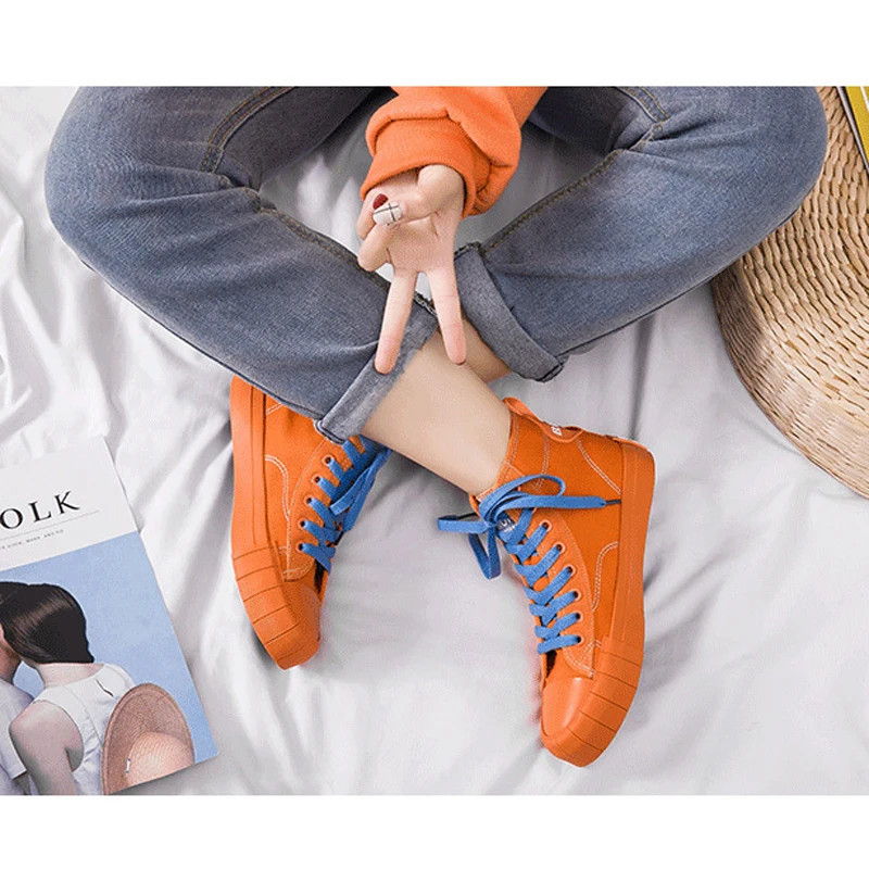 

HEE GRAND Canvas Shoes Women High-Top Leisure Flats Female Sewing Thread Lace Up Creepers 2019 Fashion Daily Footwear XWF703