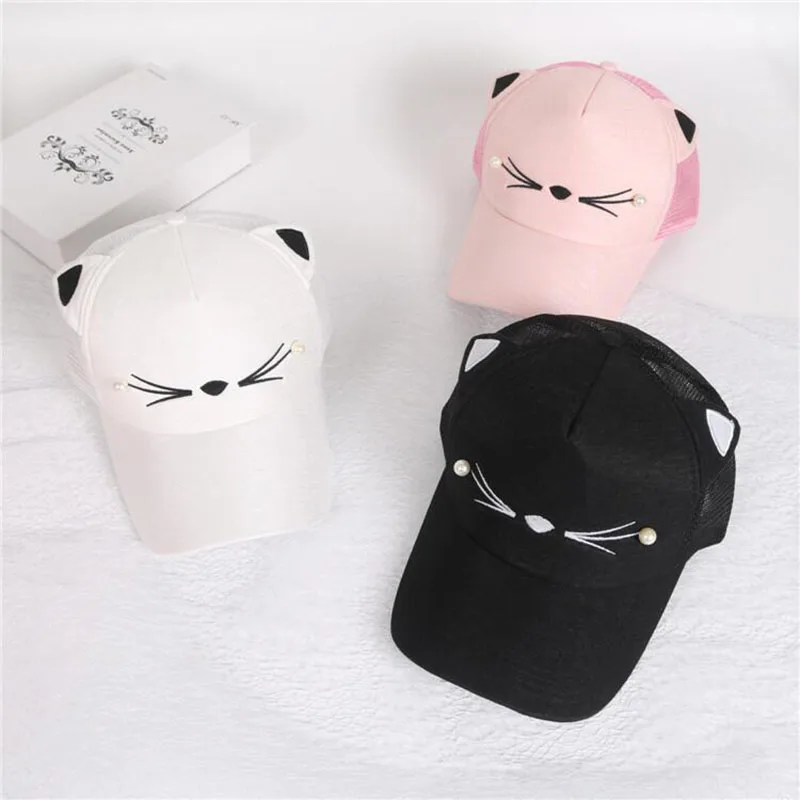summer brand children net cap adjustable cute embroidered hat cat ears snapback cap boy hip hop hat girl pearl baseball