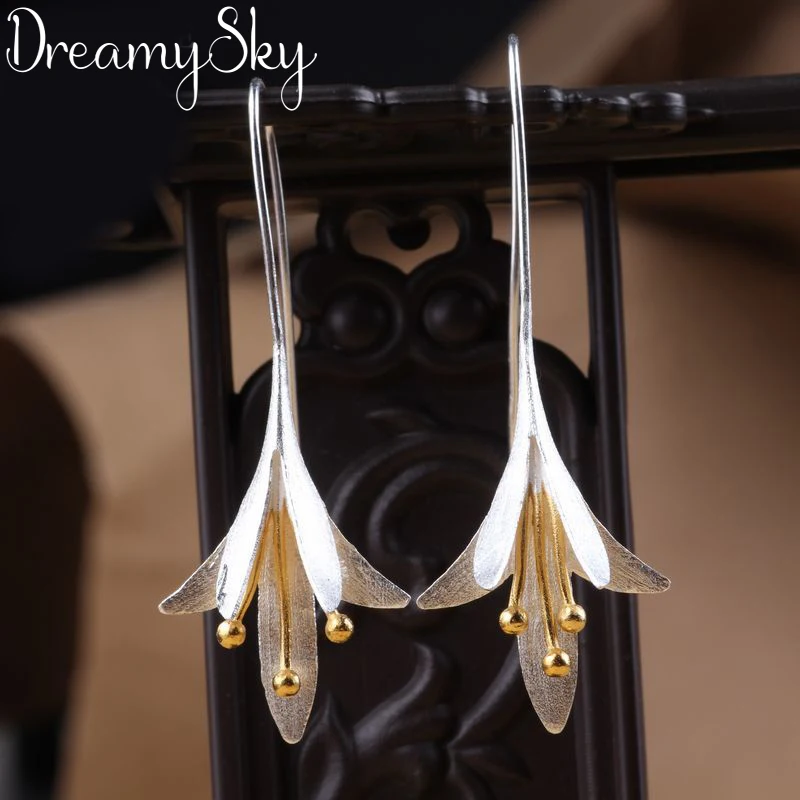 

Korean Fashion Real 925 Sterling Silver Long Flower Drop Earrings Female High Quality Handmade Flower Earrings Thailand Crafts