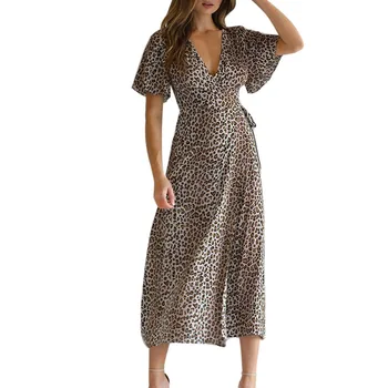 

Maxi dress women sundress MAXIORILL летнее платье Leopard Short Sleeve Sexy belt summer V-neck beach long summer shirt dress #3