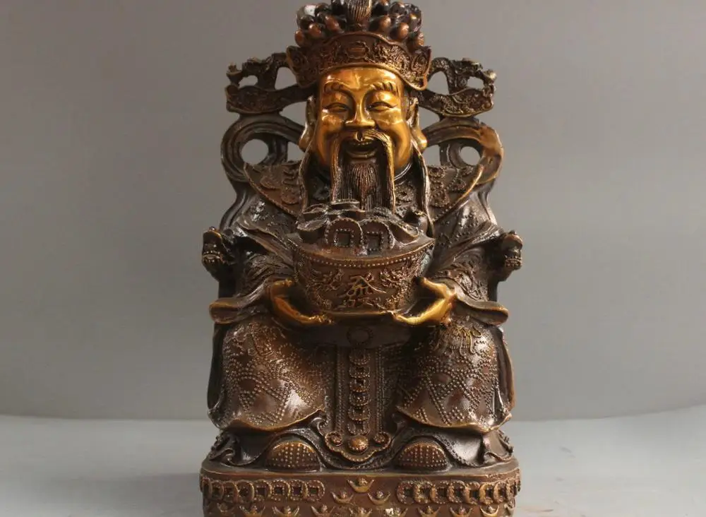 

12'' China God Of Wealth Laugh Mammon Dragon Hold YuanBao Bronze Statue